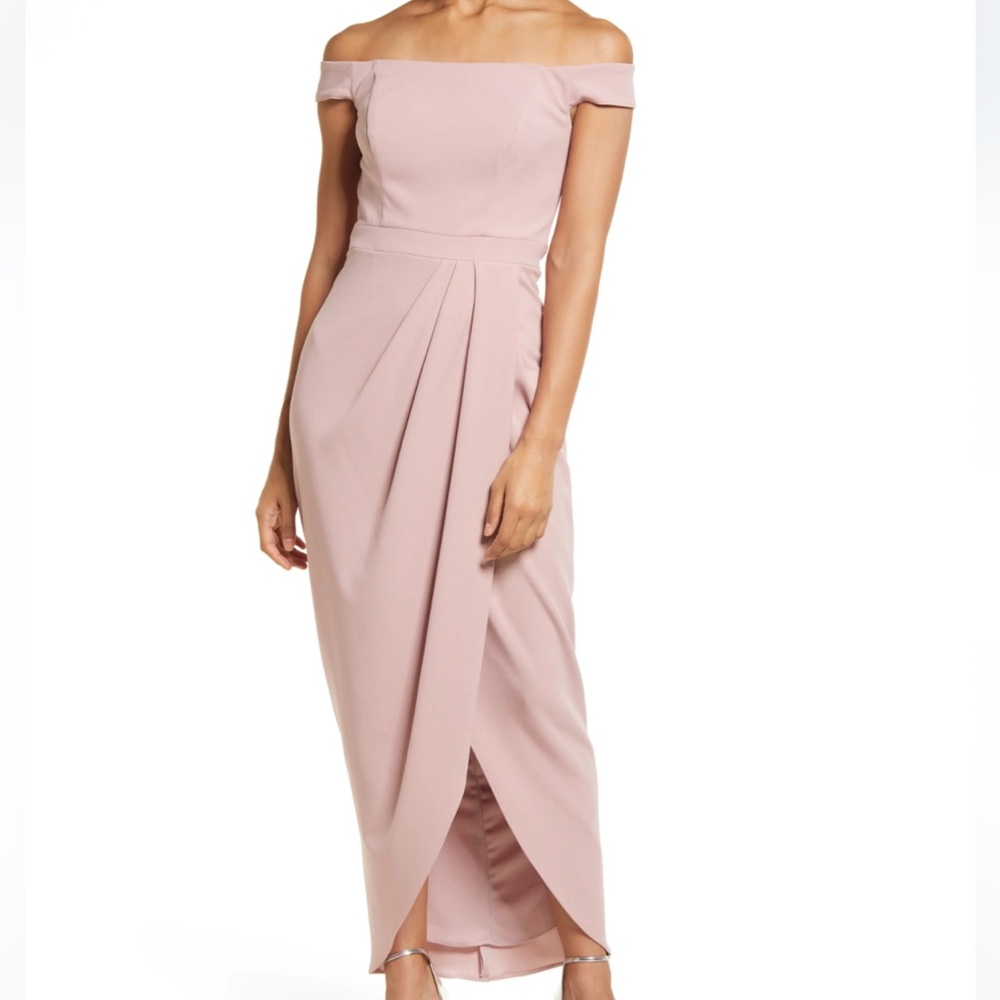 Xscape Off the Shoulder Wrap Front Scuba Crepe Gown Blush Pink - Size 0